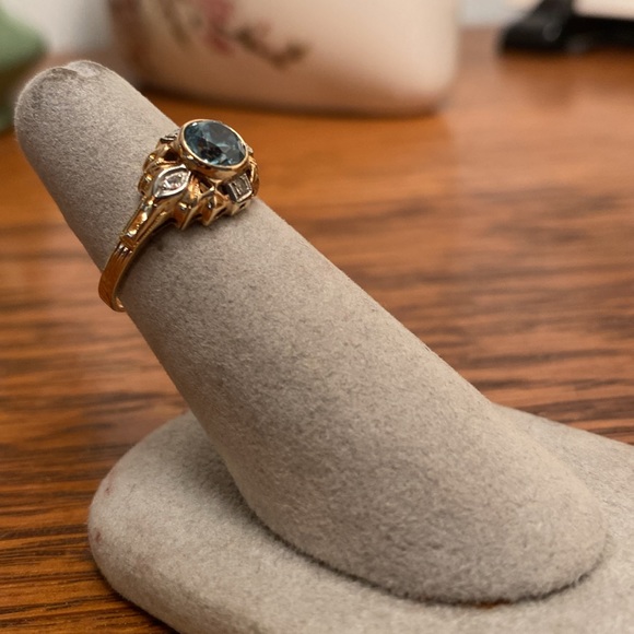 14K Blue Zircon Ring with Diamonds - Picture 2 of 7